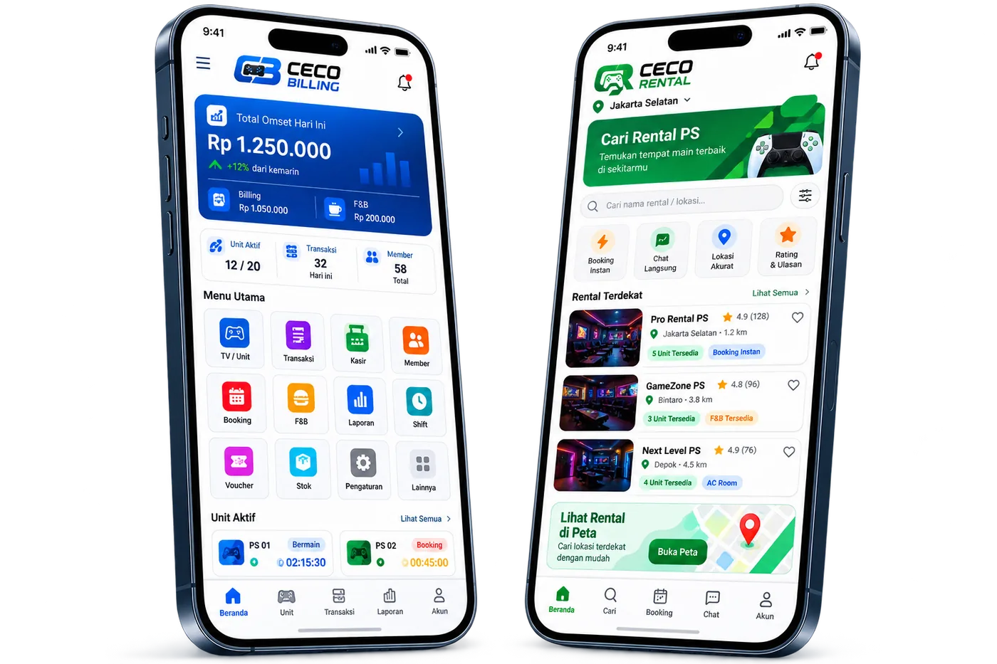 Tampilan aplikasi CECO Billing dan CECO Rental di HP